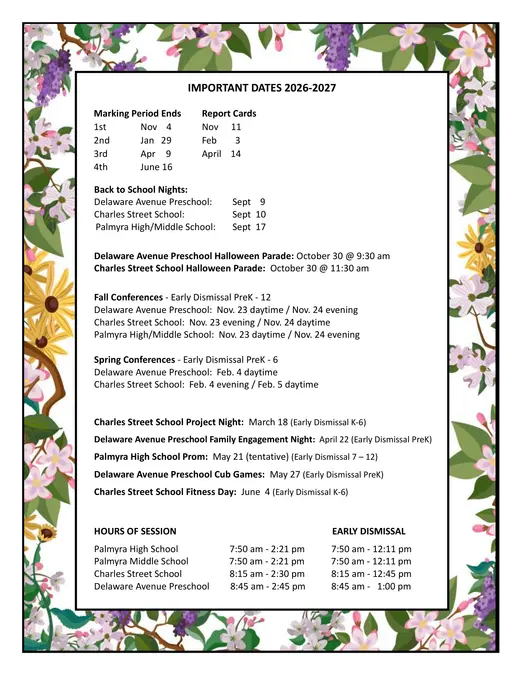 Palmyra School District 2026–2027 Academic Calendar Page 2