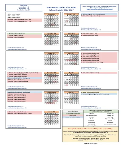 Paramus Board of Education 2026–2027 Academic Calendar