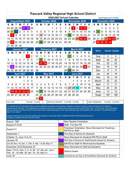 Pascack Valley Regional High School District 2026–2027 Academic Calendar