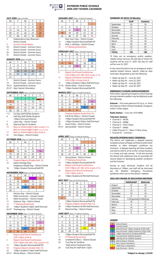 Paterson Public Schools 2026–2027 Academic Calendar