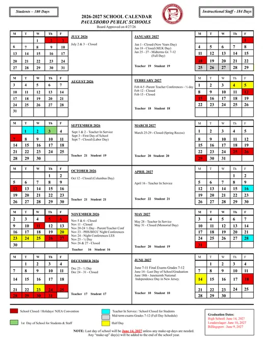 Paulsboro Public Schools 2026–2027 Academic Calendar
