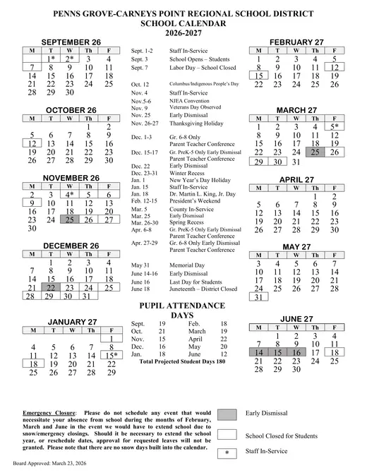 Penns Grove-Carneys Point Regional School District 2026–2027 Academic Calendar Page 1