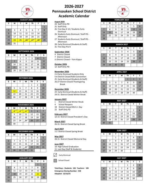 Pennsauken School District 2026–2027 Academic Calendar