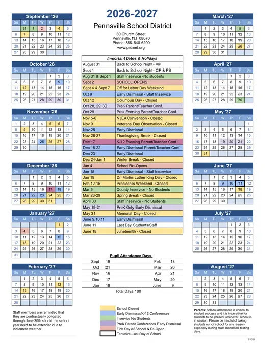 Pennsville School District 2026–2027 Academic Calendar Page 1