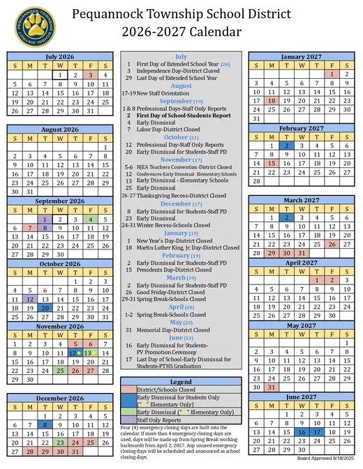 Pequannock Township School District 2026–2027 Academic Calendar