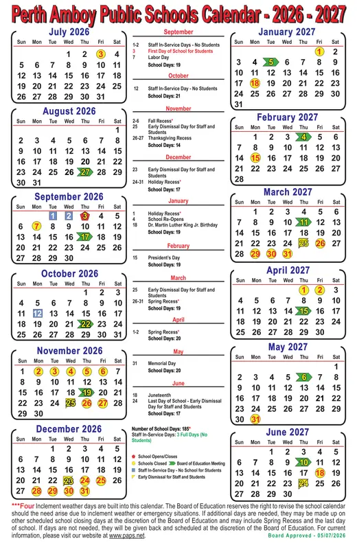 Perth Amboy Public Schools 2026–2027 Academic Calendar