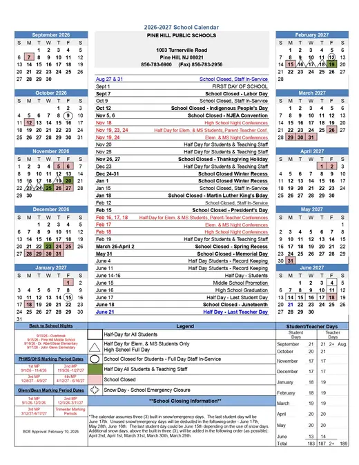 Pine Hill Public Schools 2026–2027 Academic Calendar