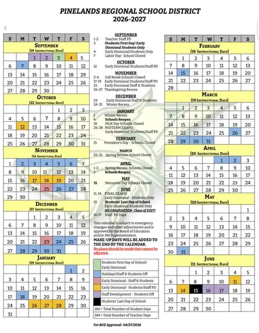 Pinelands Regional School District 2026–2027 Academic Calendar Page 2