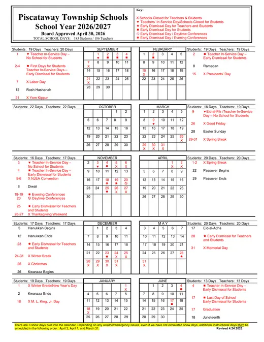 Piscataway Township Schools 2026–2027 Academic Calendar Page 1
