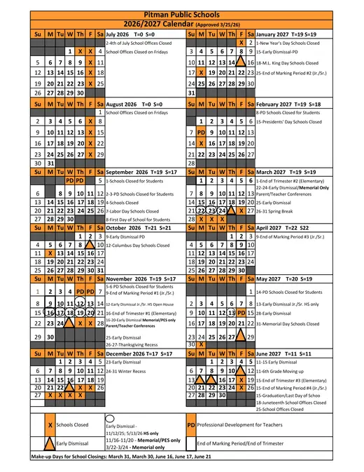 Pitman Public Schools 2026–2027 Academic Calendar