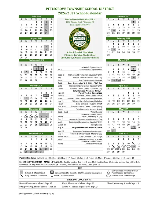 Pittsgrove Township School District 2026–2027 Academic Calendar