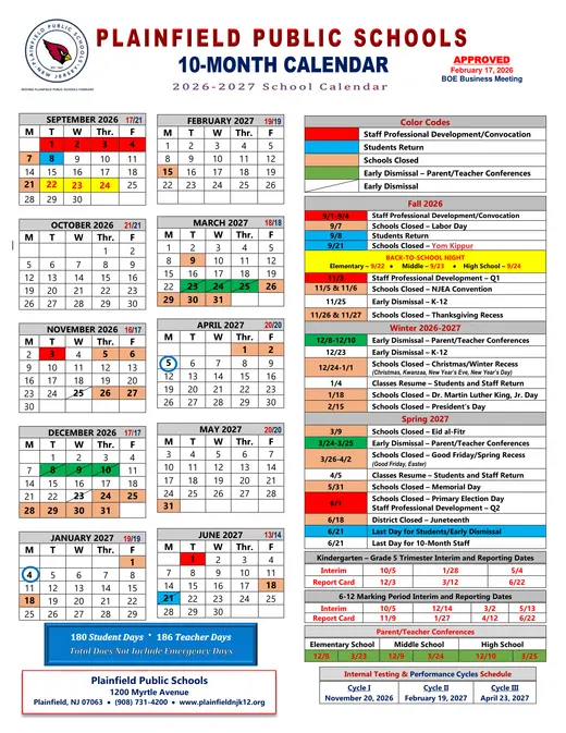 Plainfield Public Schools 2026–2027 Academic Calendar