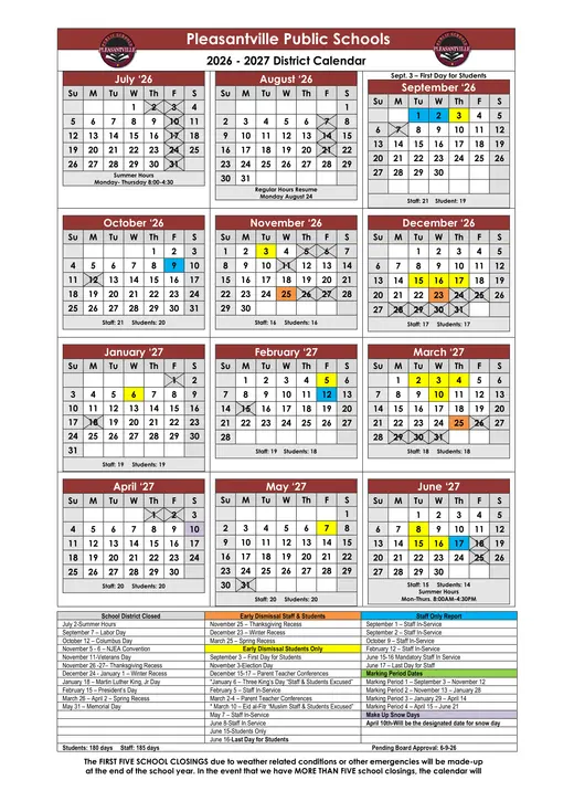 Pleasantville Public Schools 2026–2027 Academic Calendar Page 1