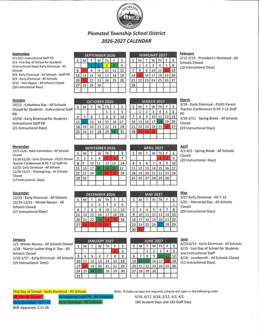 Plumsted Township School District 2026–2027 Academic Calendar Page 1