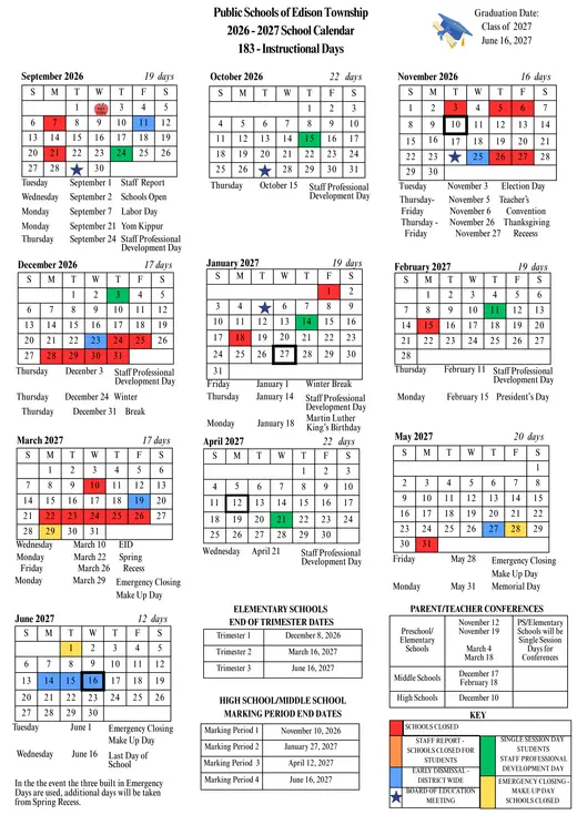 Public Schools of Edison Township 2026–2027 Academic Calendar