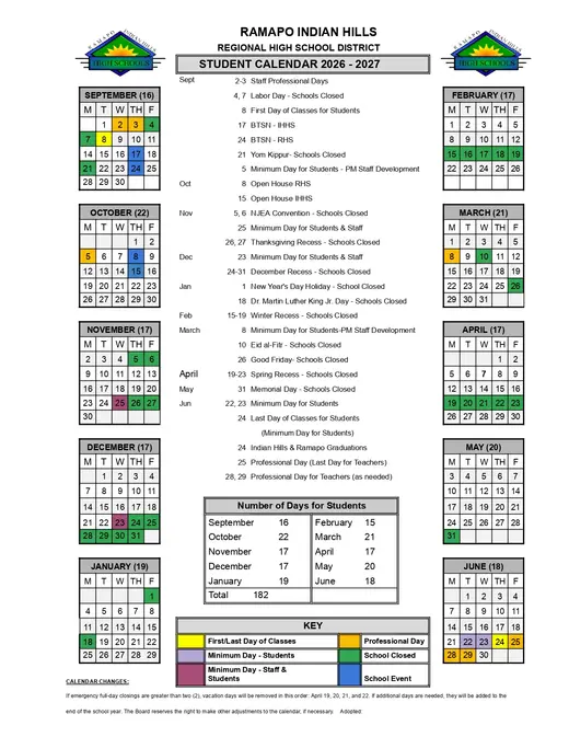 Ramapo Indian Hills Regional High School 2026–2027 Academic Calendar