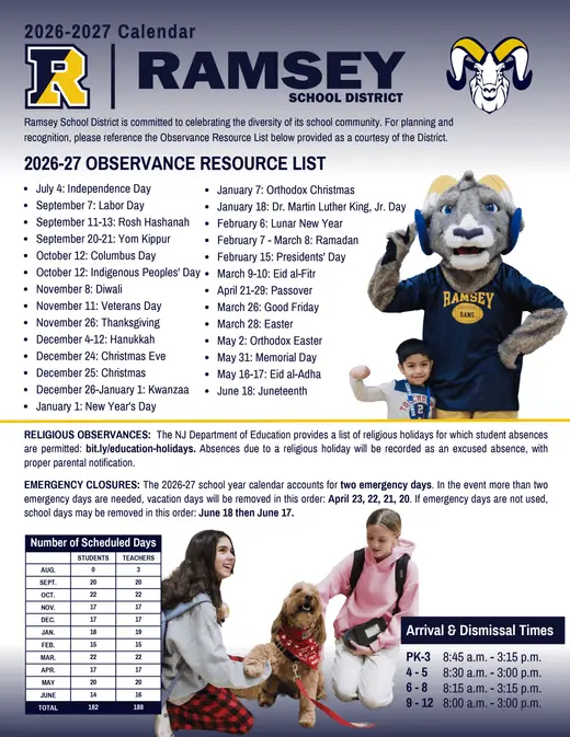 Ramsey School District 2026–2027 Academic Calendar Page 2