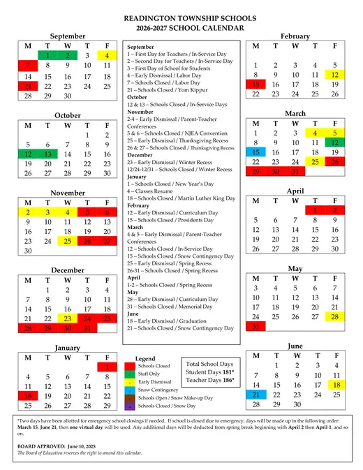 Readington Township Schools 2026–2027 Academic Calendar