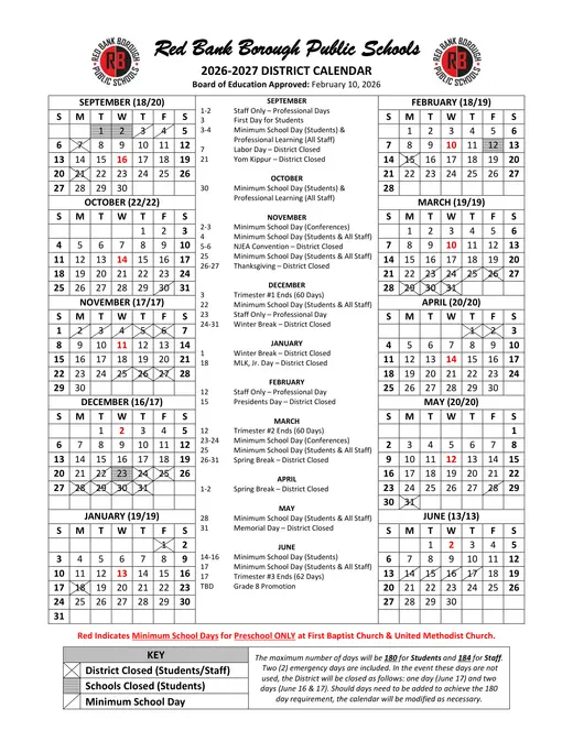 Red Bank Borough Public Schools 2026–2027 Academic Calendar Page 1