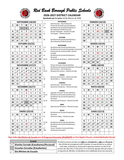 Red Bank Borough Public Schools 2026–2027 Academic Calendar Page 2