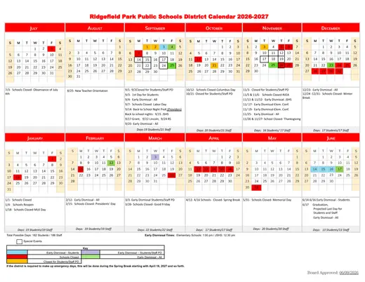 Ridgefield Park Public Schools 2026–2027 Academic Calendar Page 1