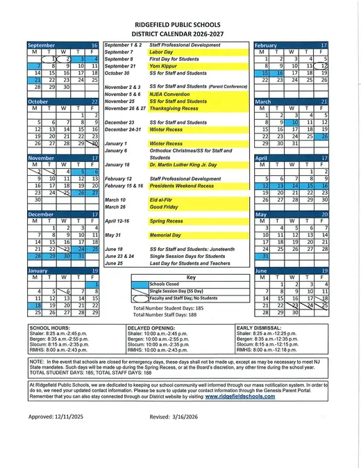 Ridgefield Public Schools 2026–2027 Academic Calendar