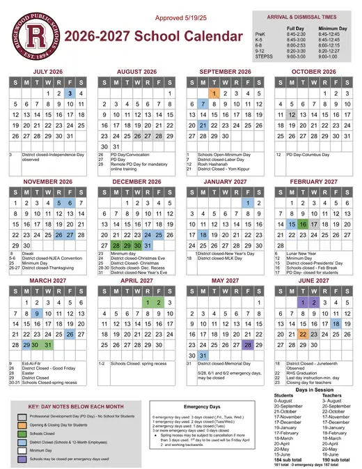 Ridgewood Public Schools 2026–2027 Academic Calendar