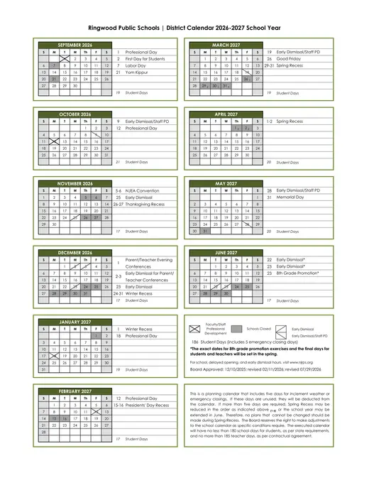 Ringwood Public Schools 2026–2027 Academic Calendar Page 1