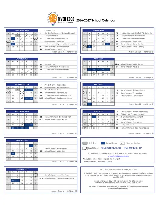 River Edge Public Schools 2026–2027 Academic Calendar