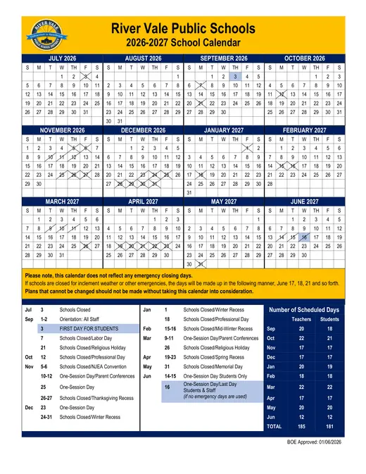 River Vale Public Schools 2026–2027 Academic Calendar