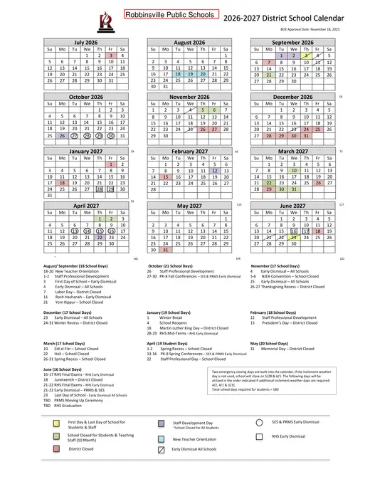 Robbinsville Public Schools 2026–2027 Academic Calendar Page 1