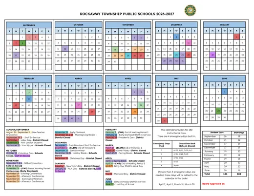 Rockaway Township Public Schools 2026–2027 Academic Calendar