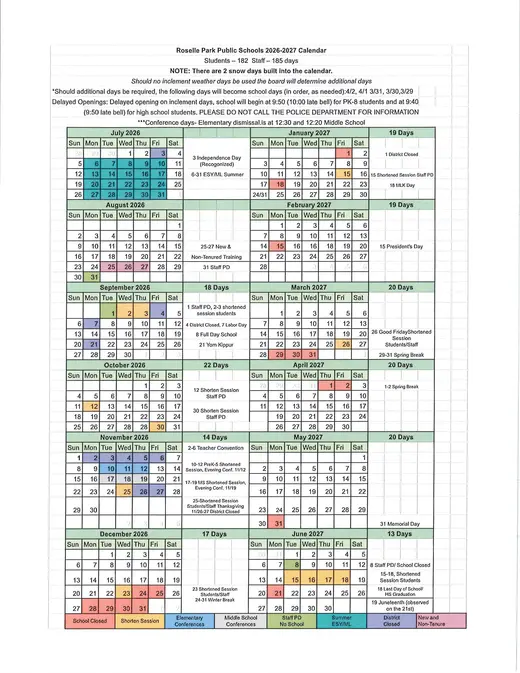 Roselle Park Public Schools 2026–2027 Academic Calendar Page 1