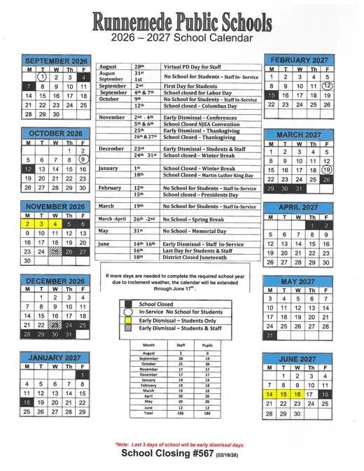 Runnemede Public Schools 2026–2027 Academic Calendar