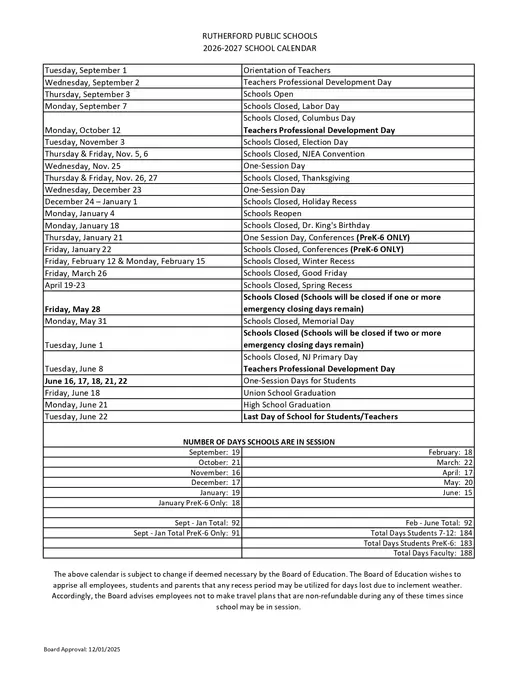 Rutherford Public Schools 2026–2027 Academic Calendar