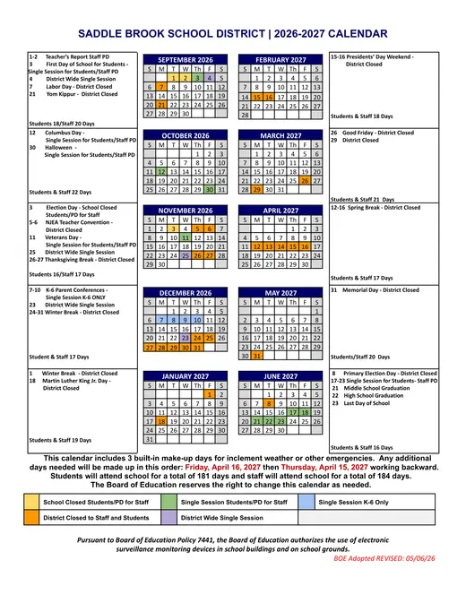 Saddle Brook School District 2026–2027 Academic Calendar