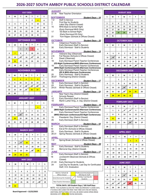 South Amboy Public Schools District 2026–2027 Academic Calendar Page 1