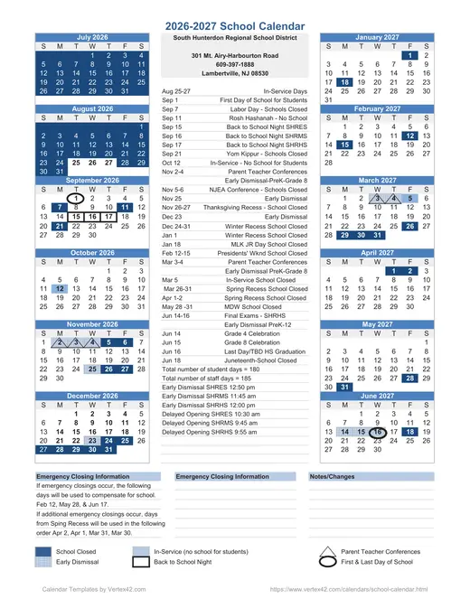 South Hunterdon Regional School District 2026–2027 Academic Calendar Page 1
