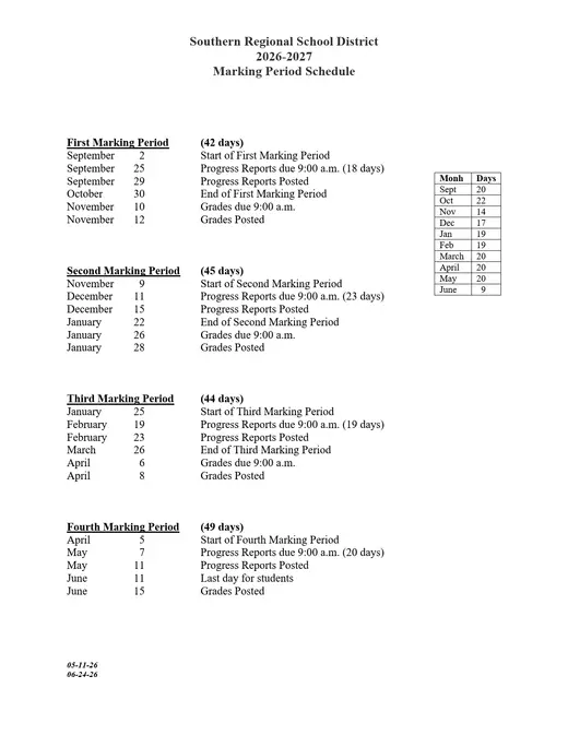 Southern Regional School District 2026–2027 Academic Calendar Page 1