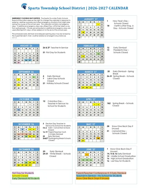 Sparta Township School District 2026–2027 Academic Calendar