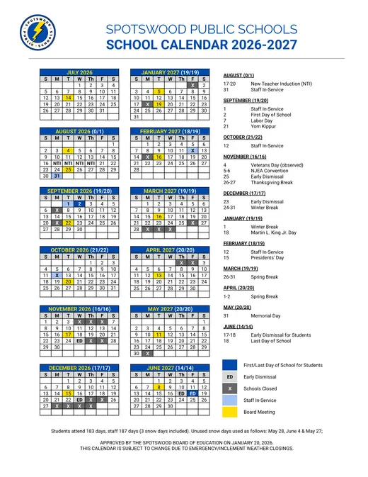 Spotswood Public Schools 2026–2027 Academic Calendar