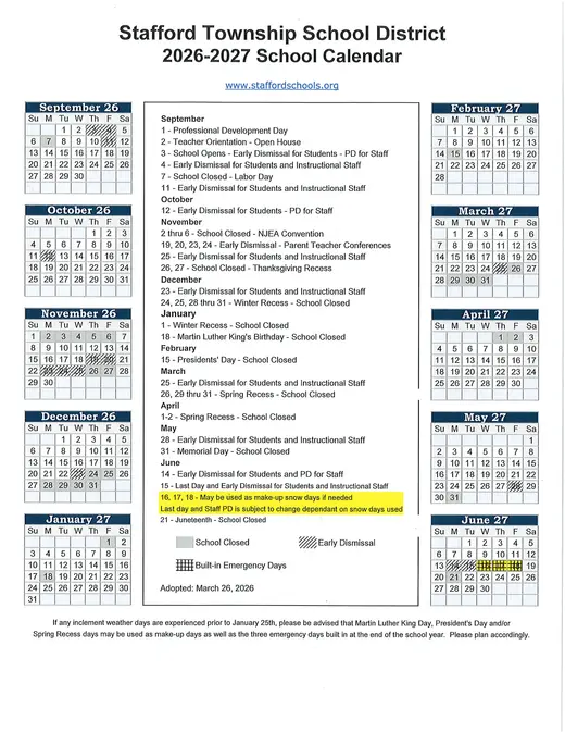 Stafford Township School District 2026–2027 Academic Calendar