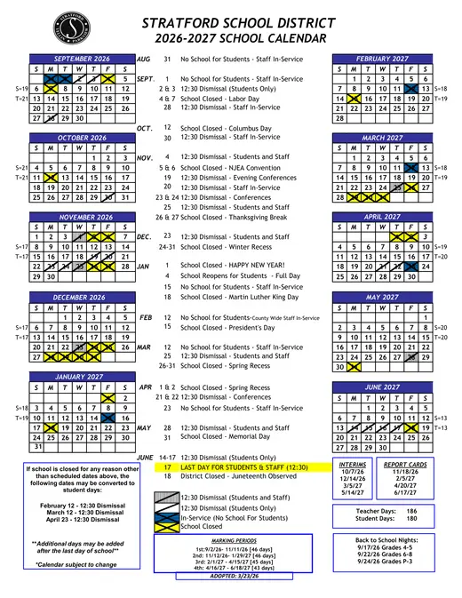Stratford School District 2026–2027 Academic Calendar Page 1