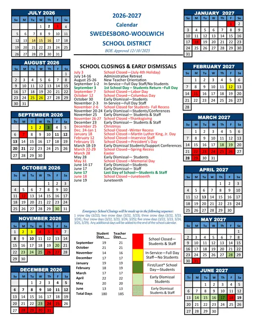 Swedesboro-Woolwich School District 2026–2027 Academic Calendar Page 1