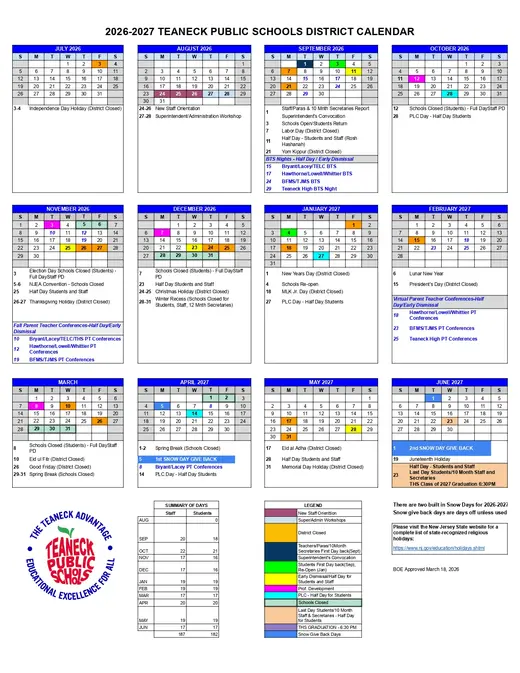 Teaneck Public Schools 2026–2027 Academic Calendar