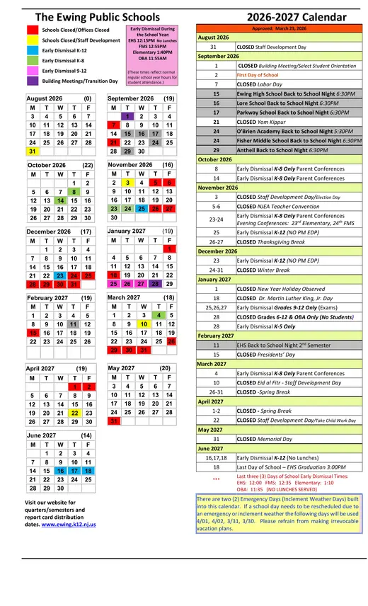 The Ewing Public Schools 2026–2027 Academic Calendar Page 1