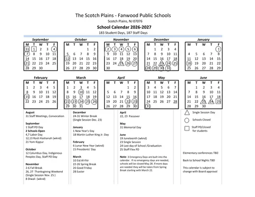 The Scotch Plains - Fanwood Public Schools 2026–2027 Academic Calendar