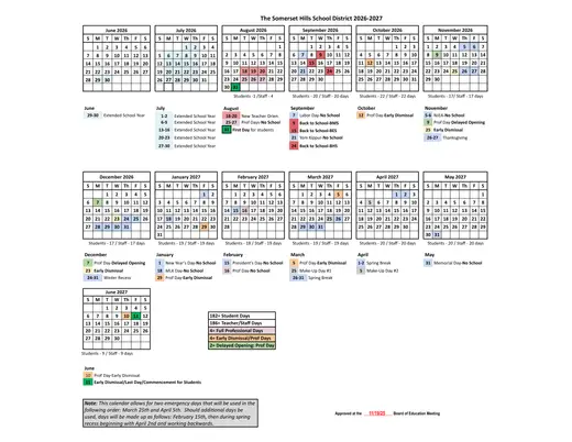 The Somerset Hills School District 2026–2027 Academic Calendar