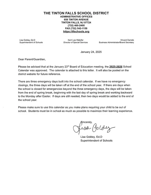 Tinton Falls School District 2025–2026 Academic Calendar Page 1