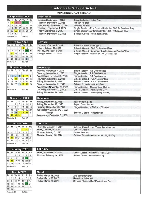 Tinton Falls School District 2025–2026 Academic Calendar Page 3